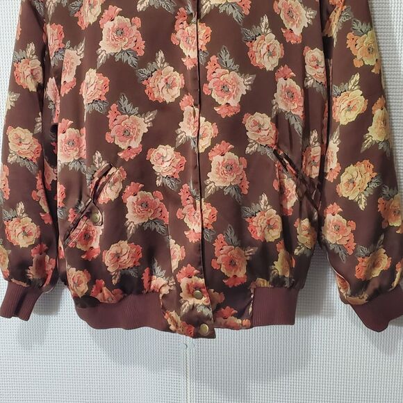 Saks Fifth Avenue Real Clothes Bomber Jacket Womens Large 100% Silk Brown Floral - Picture 3 of 11